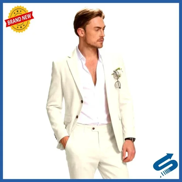 Men's Slim Fit Linen Blend Suit 2-Piece Set Formal Casual Wedding